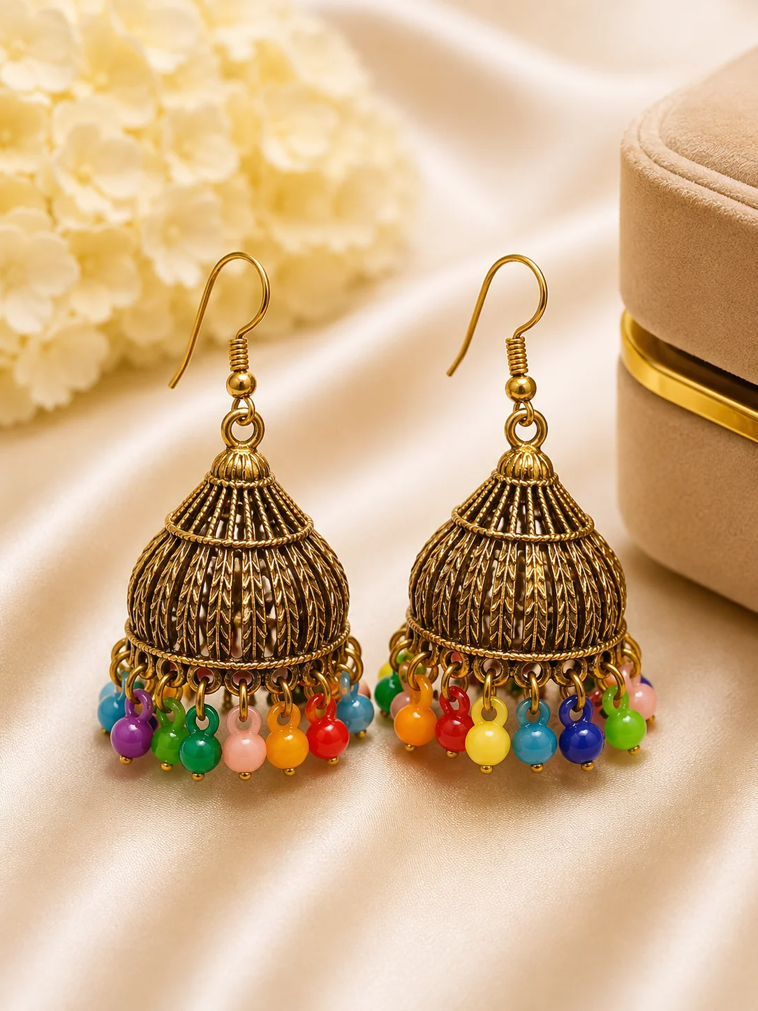 Multicolor Beaded Antique Golden Jhumka Earrings