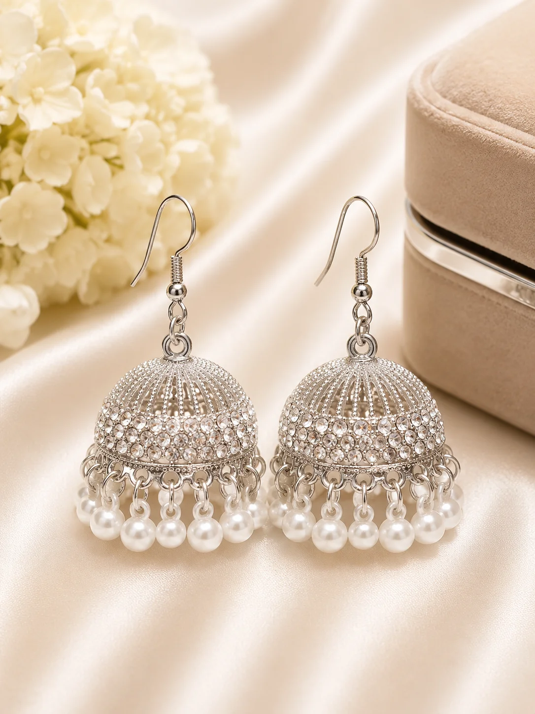 Silver Pearl Jhumka Earrings with Crystal Dome Design
