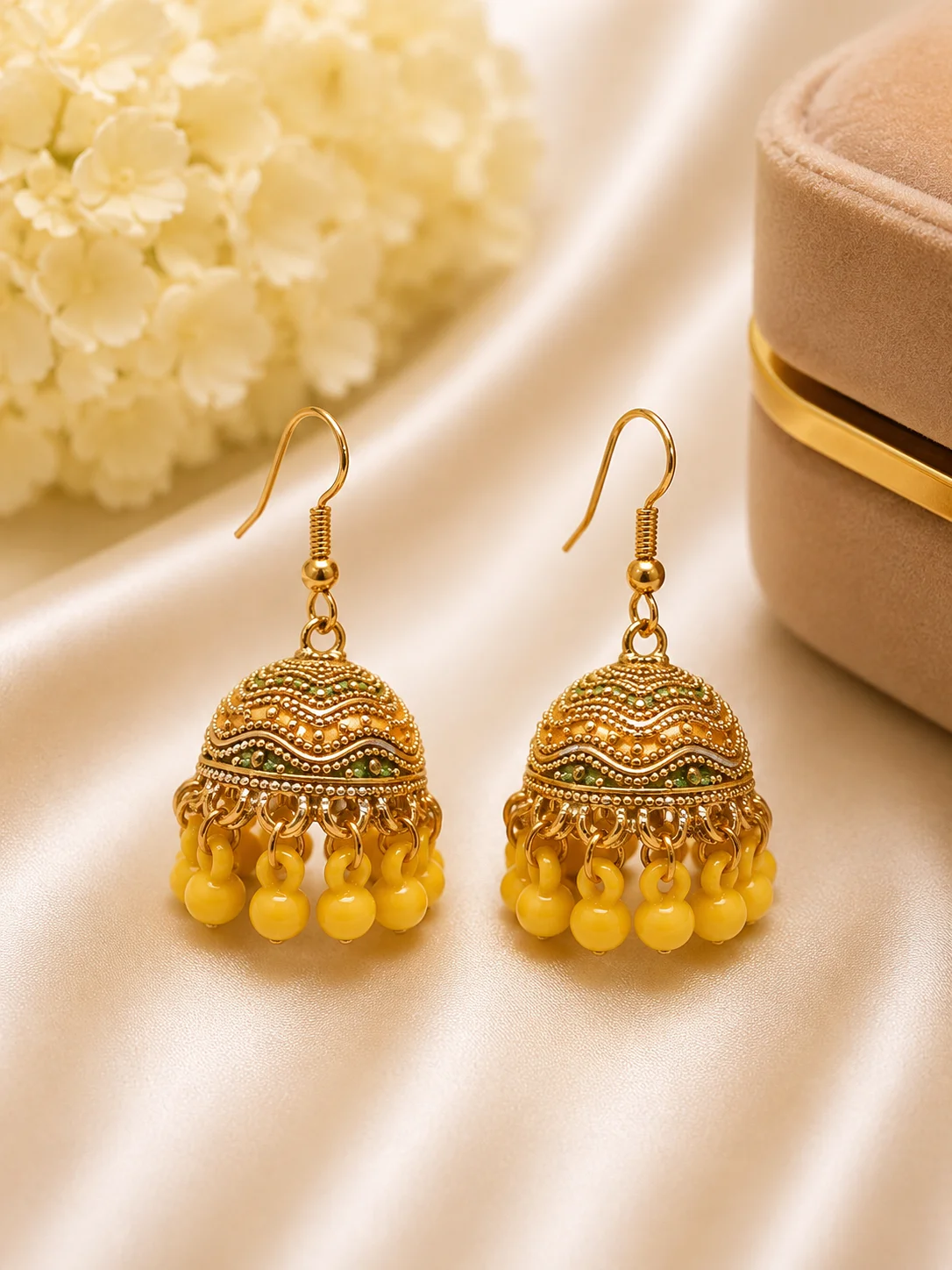 Golden Yellow Beaded Jhumka Earrings