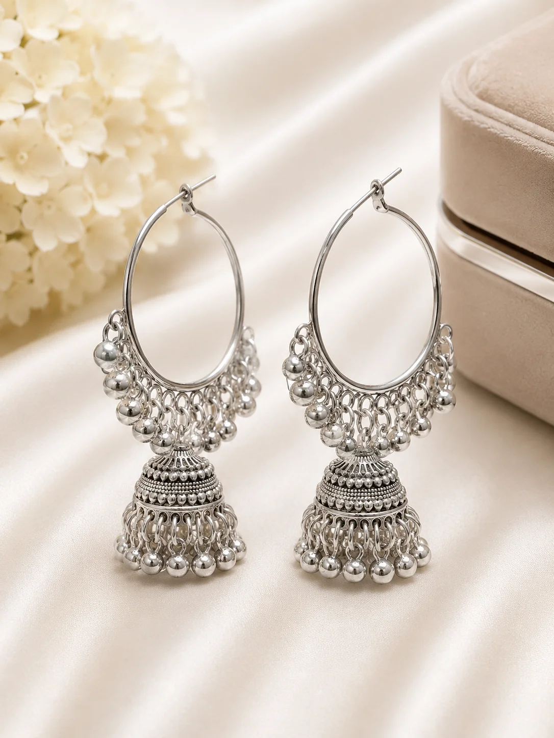 Silver Hoop Jhumka Earrings with Bell Charms