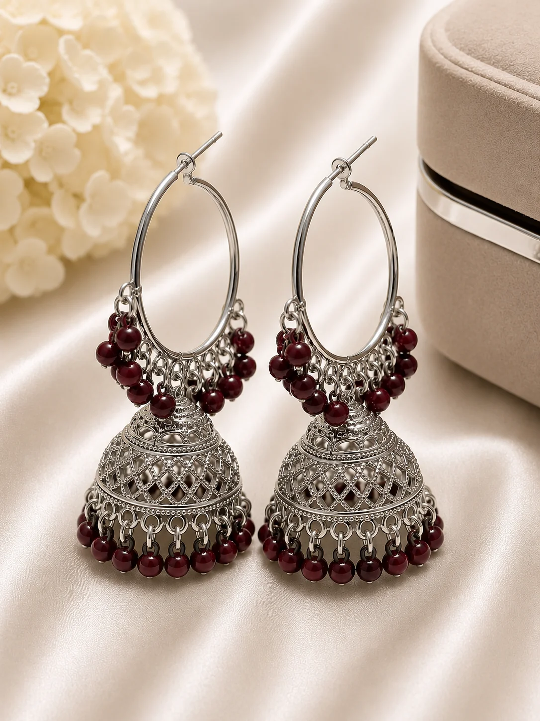 Color Traditional Silver Jhumka Earrings