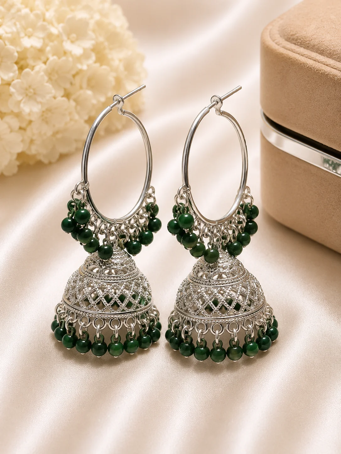 Color Traditional Silver Jhumka Earrings