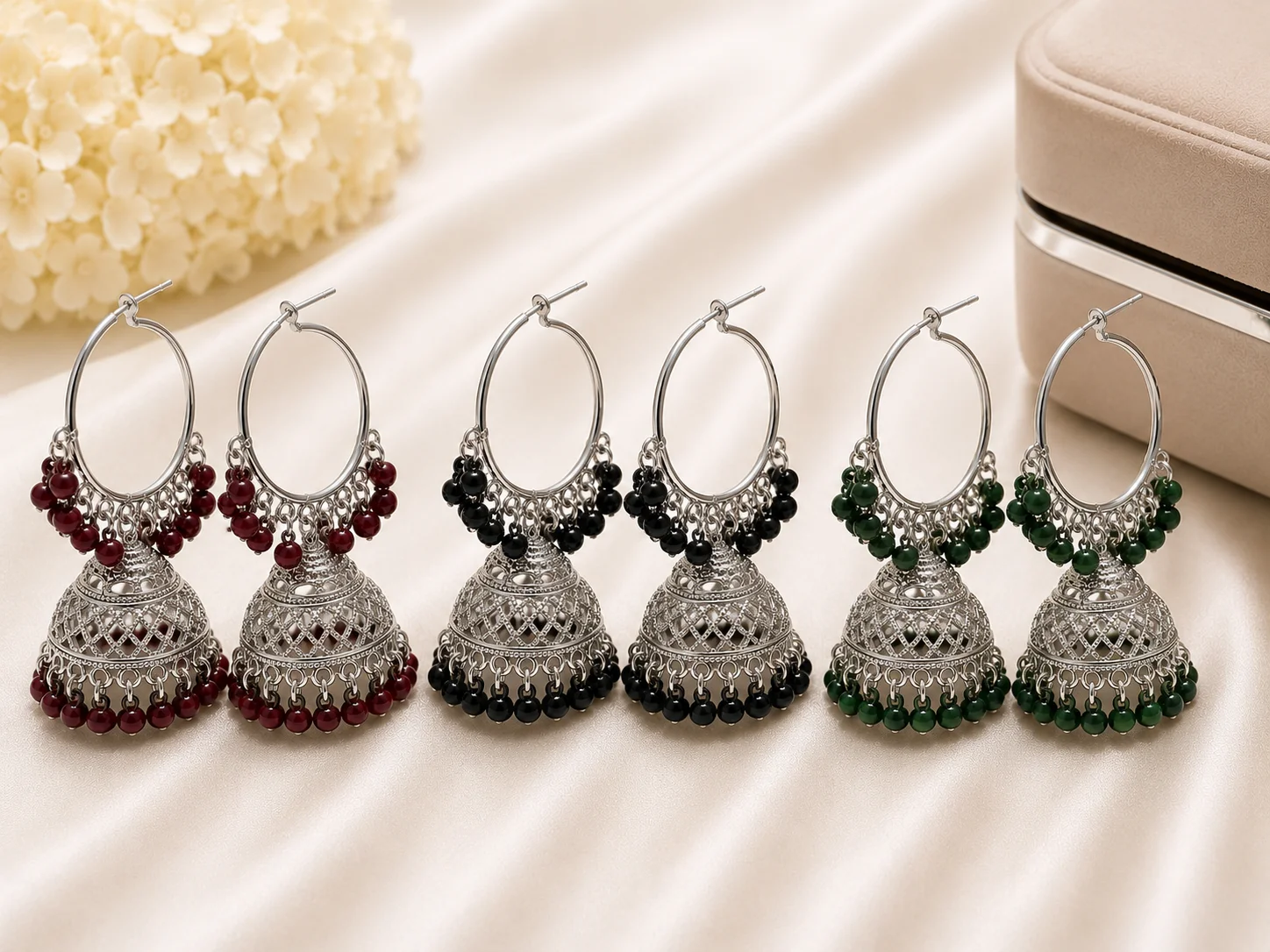 Color Traditional Silver Jhumka Earrings