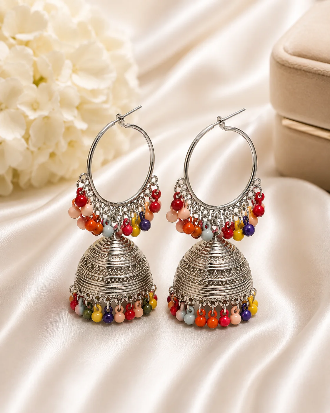 Multicolor Silver Hoop Jhumka Earrings