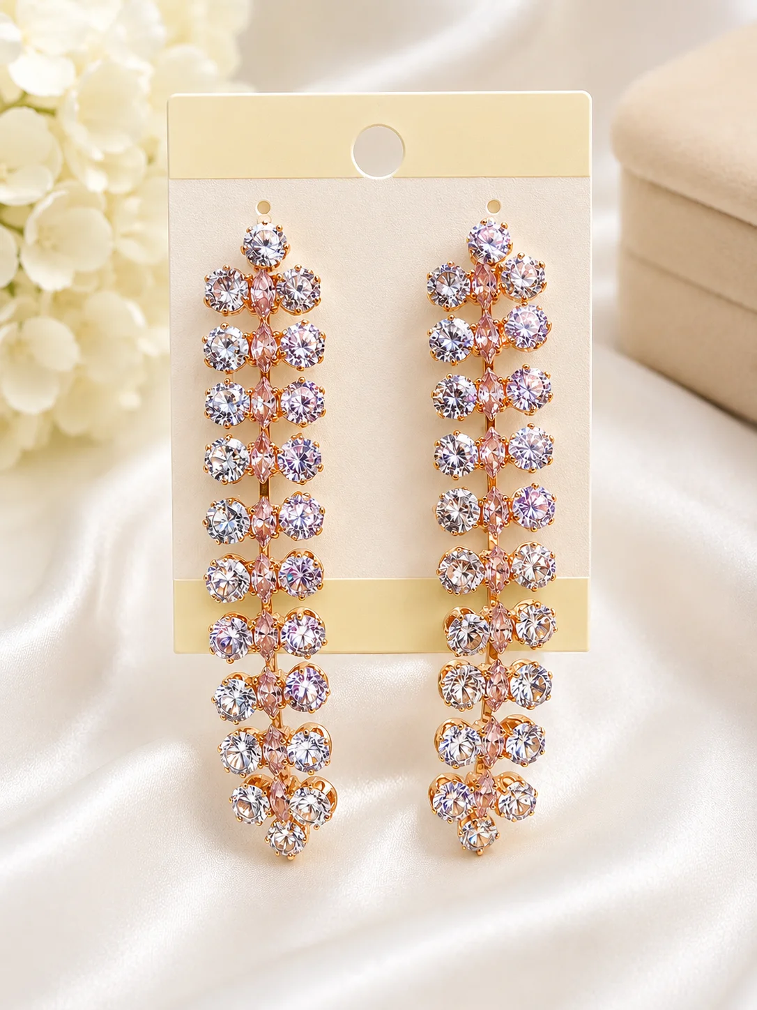 Rose Gold Crystal Long Drop Earrings for Women