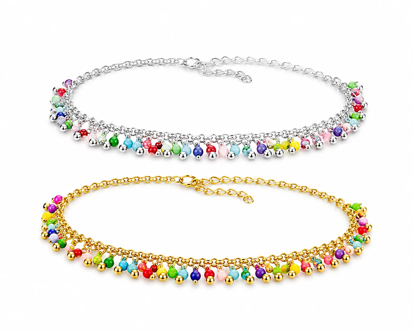 Silver & Gold Multi-Color Beaded Anklet Set