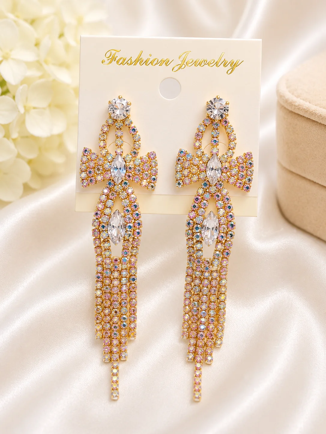 Luxury Aurora Crystal Bow Tassel Earrings for Women