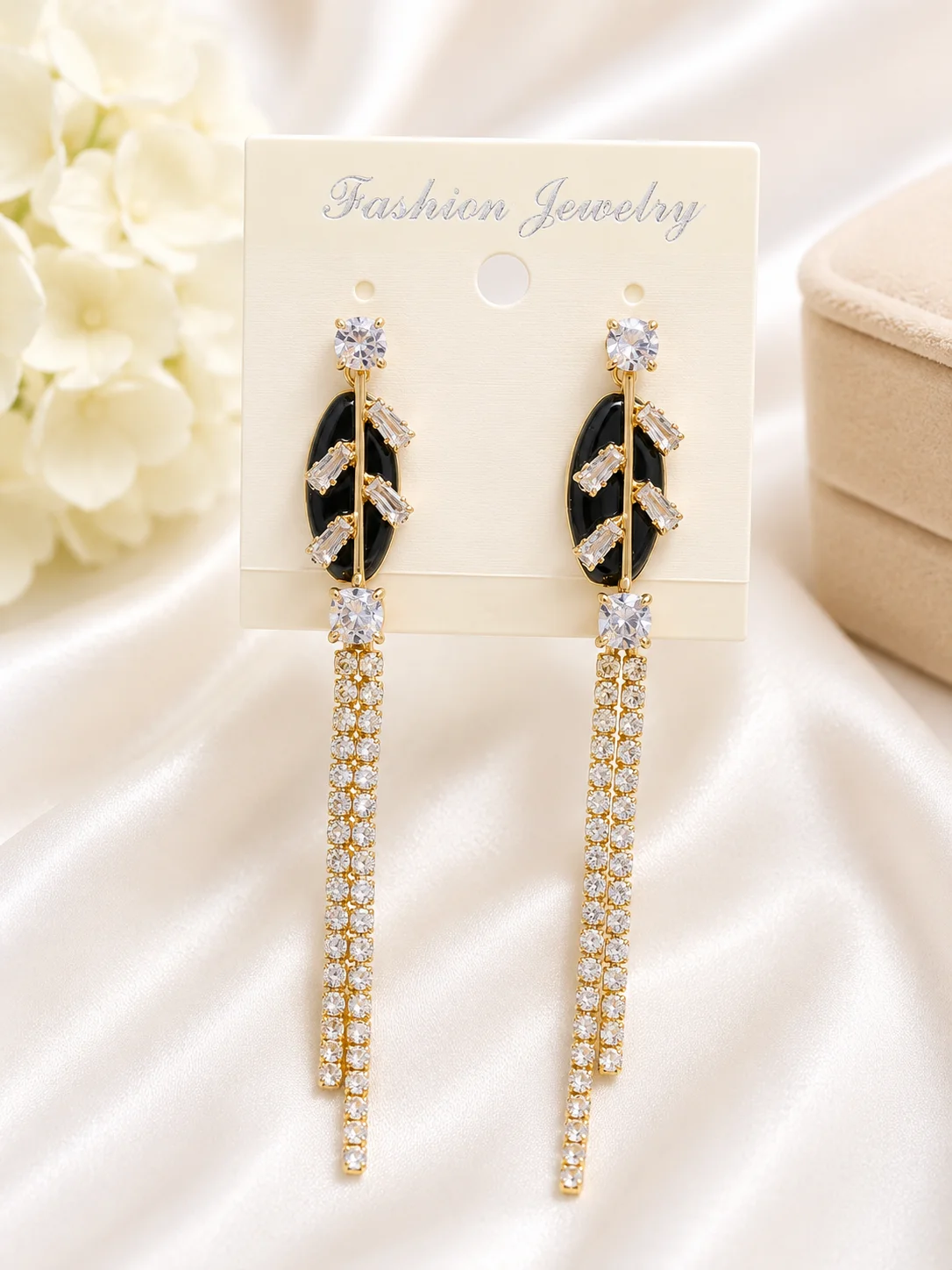 Elegant Black Crystal Long Drop Earrings for Women
