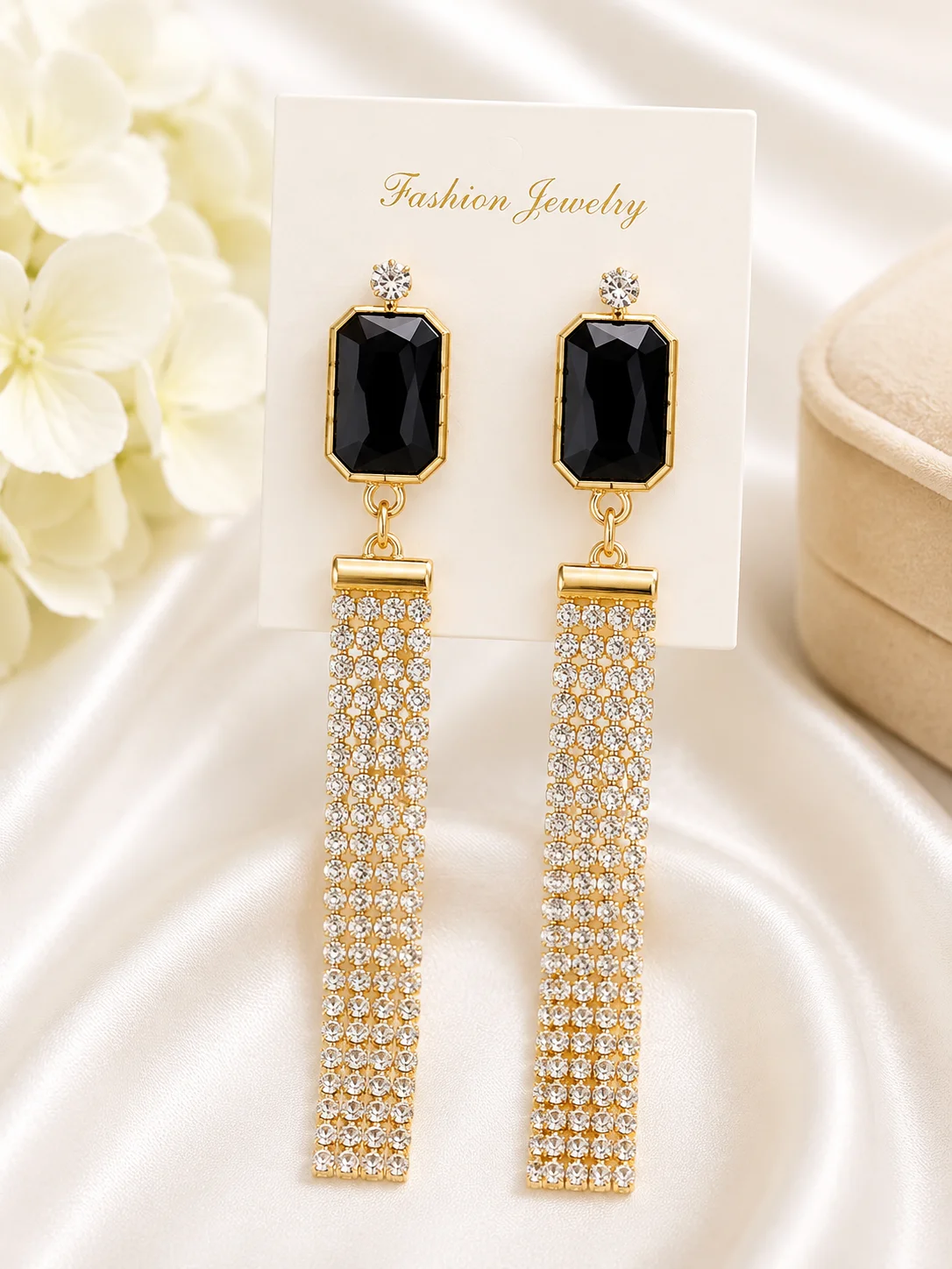Luxury Black Crystal Rhinestone Tassel Earrings for Women