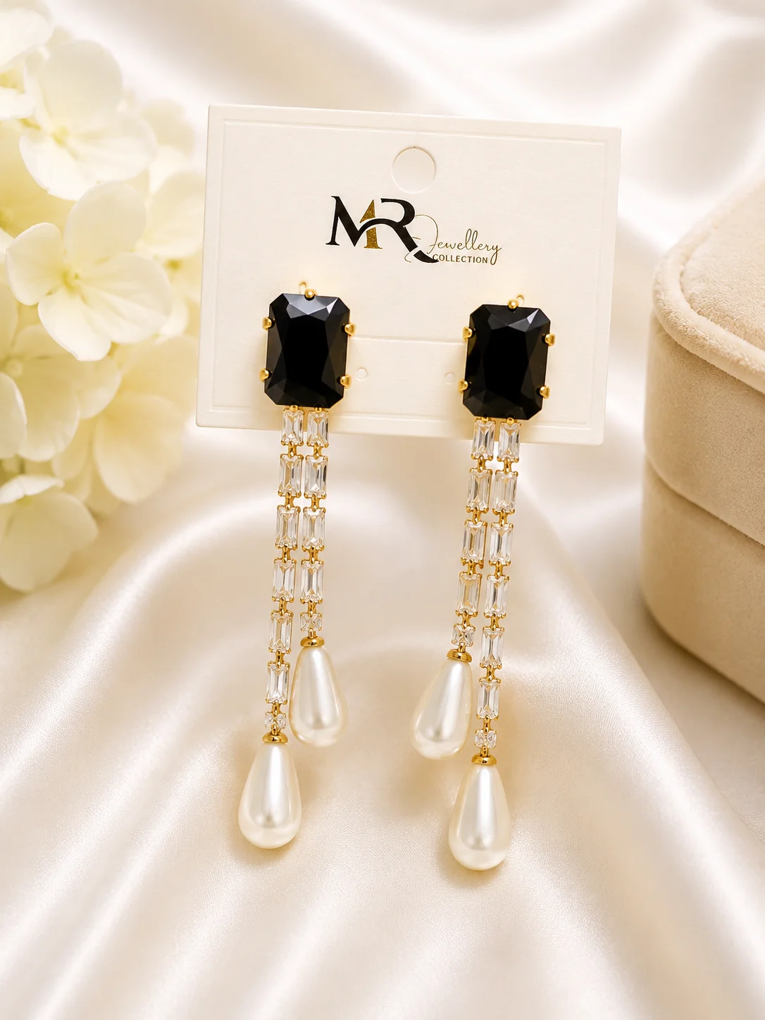 Luxury Black Crystal & Pearl Drop Earrings for Women