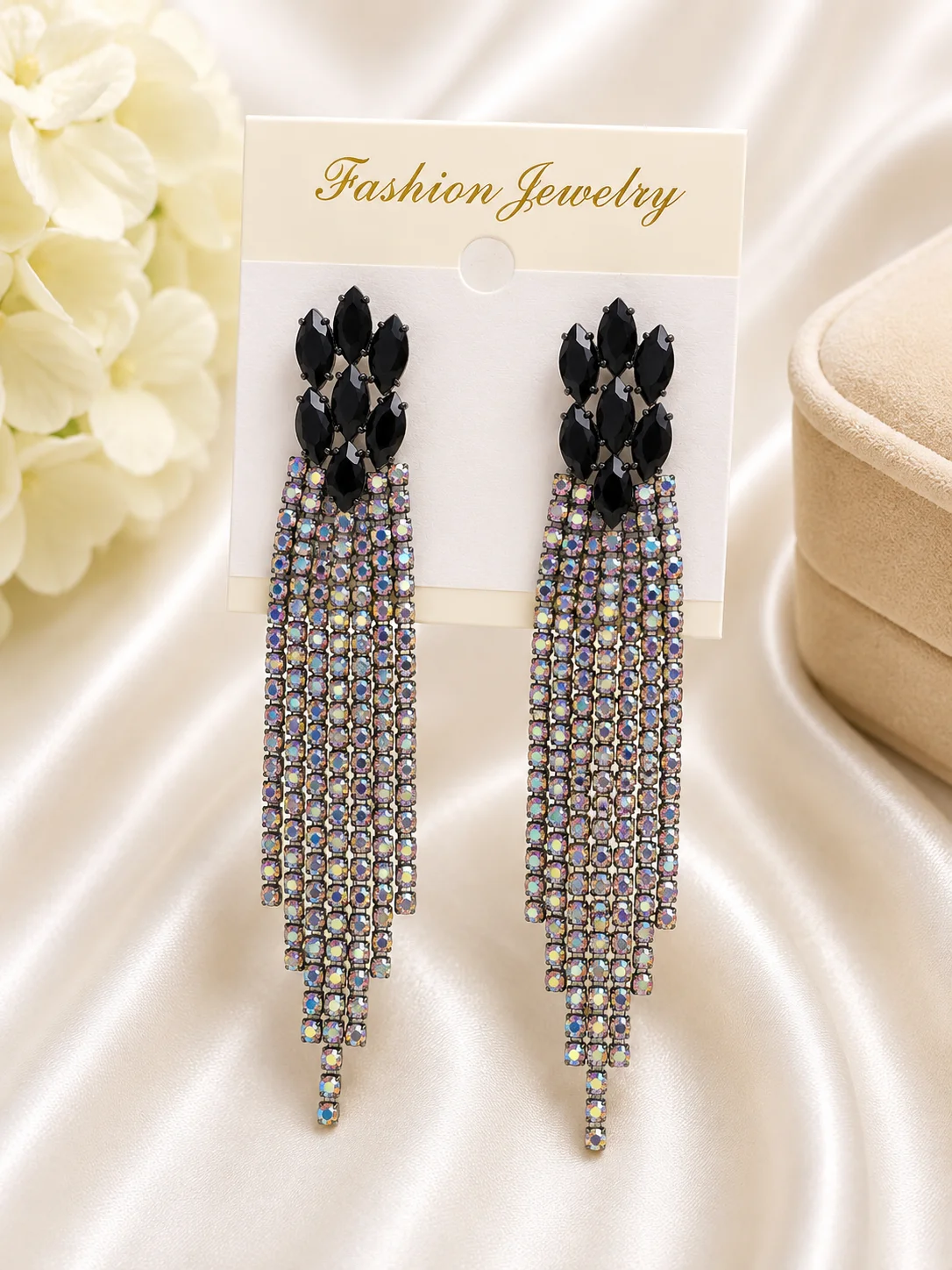 Luxury Black Crystal Aurora Tassel Earrings for Women
