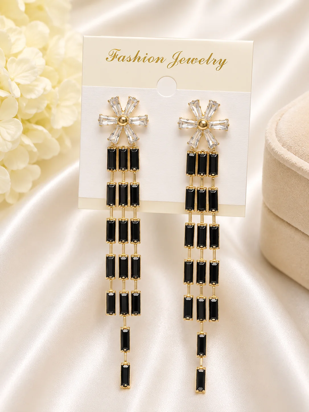 Luxury Black Crystal Floral Drop Earrings for Women