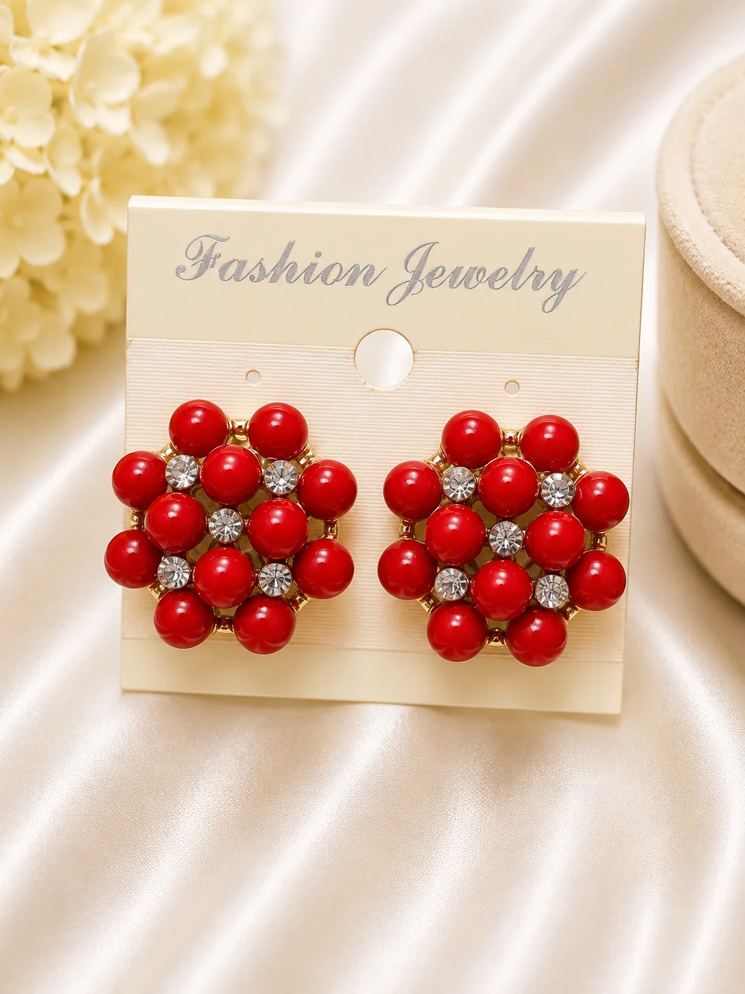 Elegant Crystal Bead Stud Earrings – Black & Red Combo
