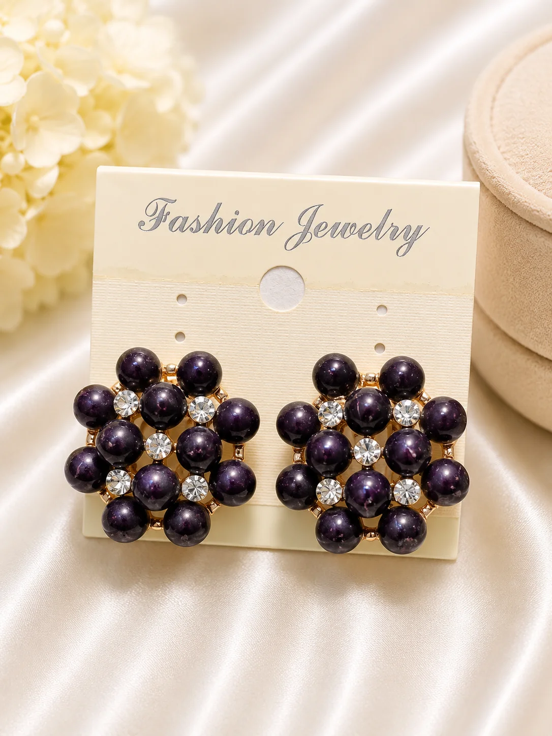 Elegant Crystal Bead Stud Earrings – Black & Red Combo