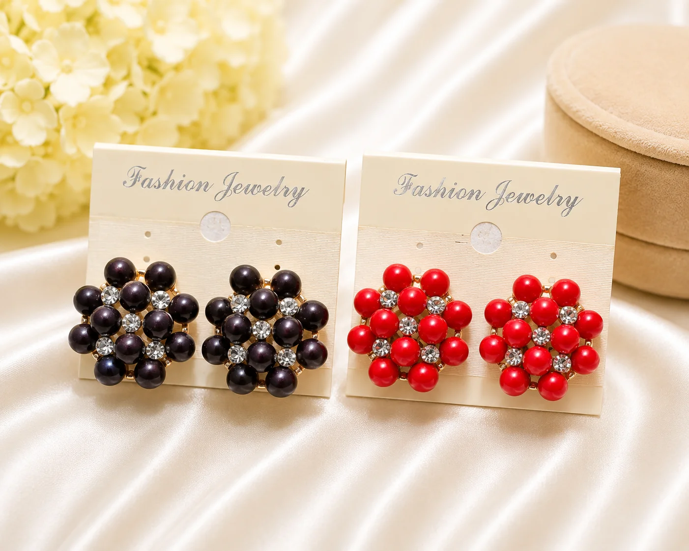 Elegant Crystal Bead Stud Earrings – Black & Red Combo
