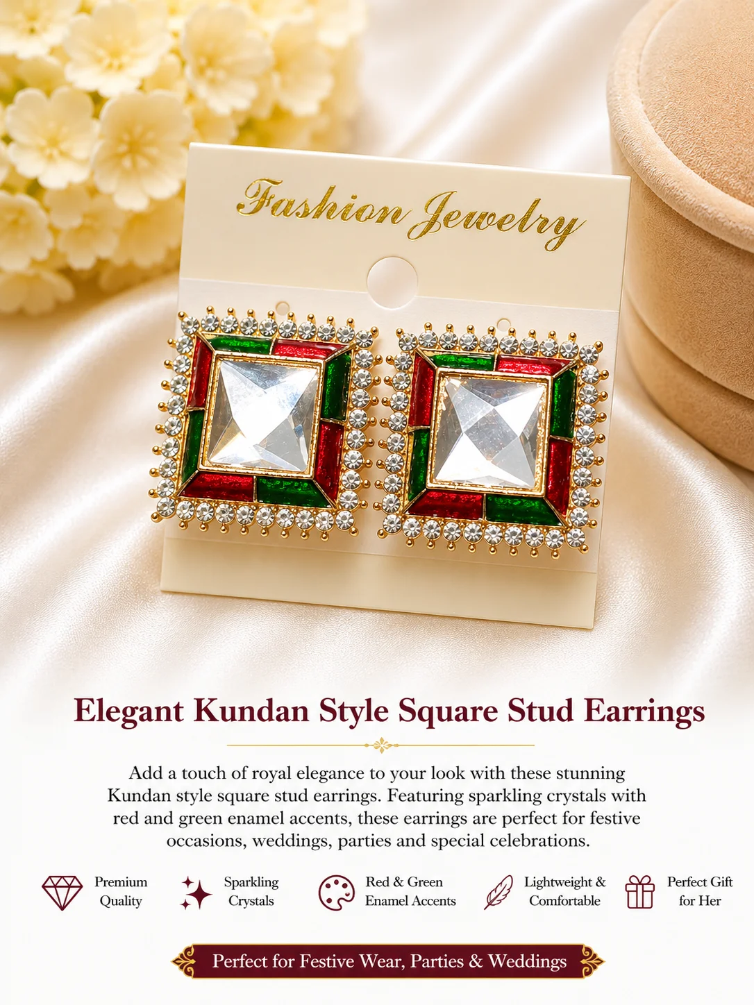 Red & Green Crystal Designer Earrings for Women