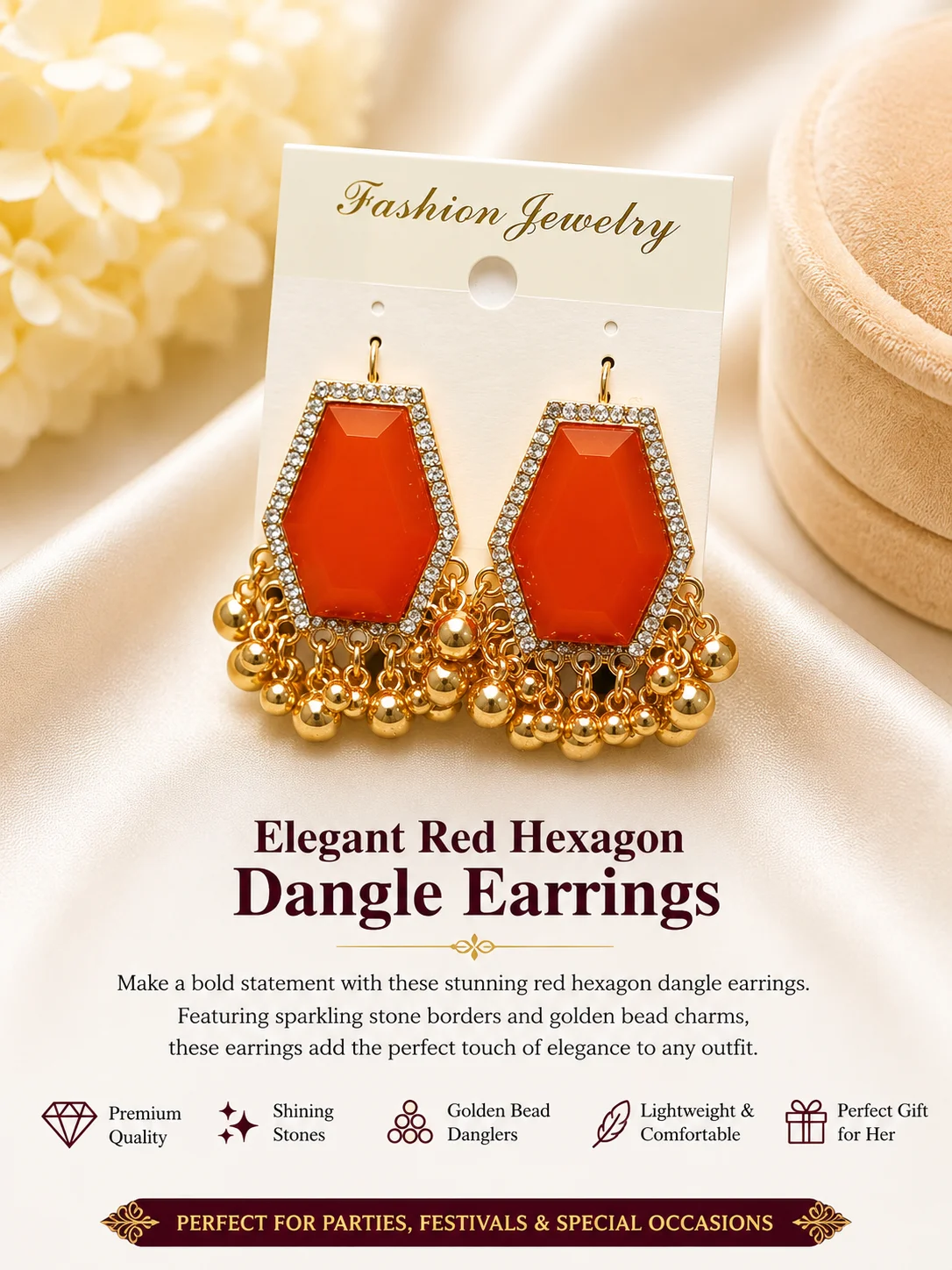 Elegant Red Hexagon Dangle Earrings for Women