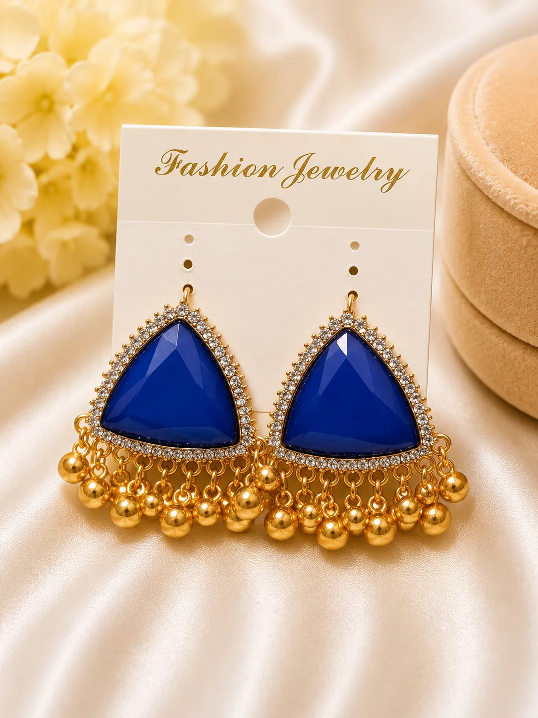 Royal Blue Triangle Stone Tassel Earrings