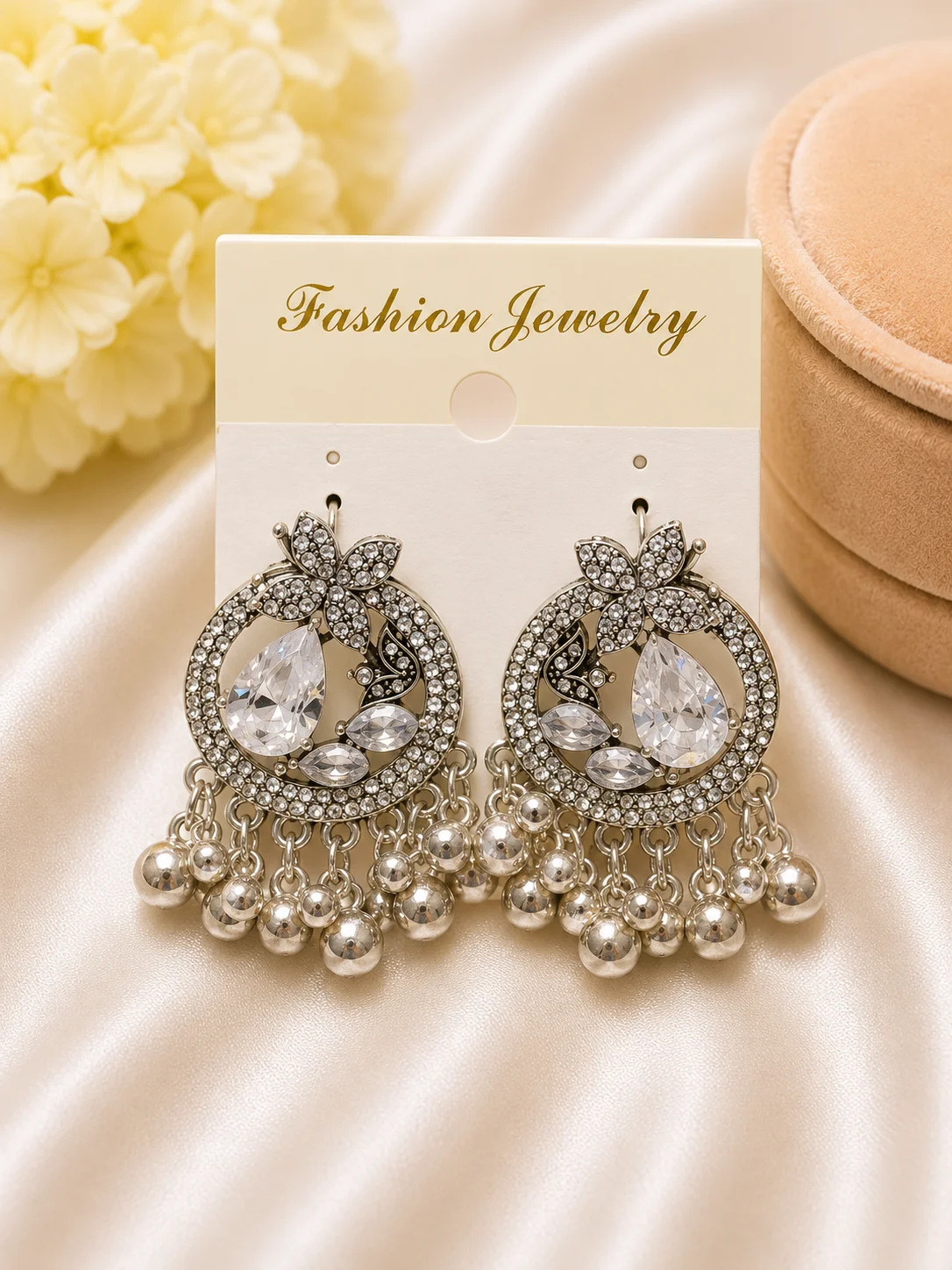Silver Floral Crystal Jhumka Earrings