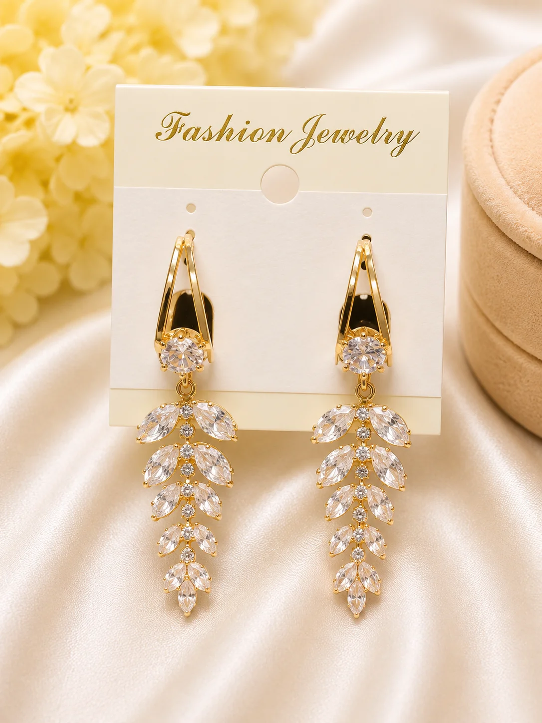 Gold Plated Crystal Leaf Drop Earrings for Women