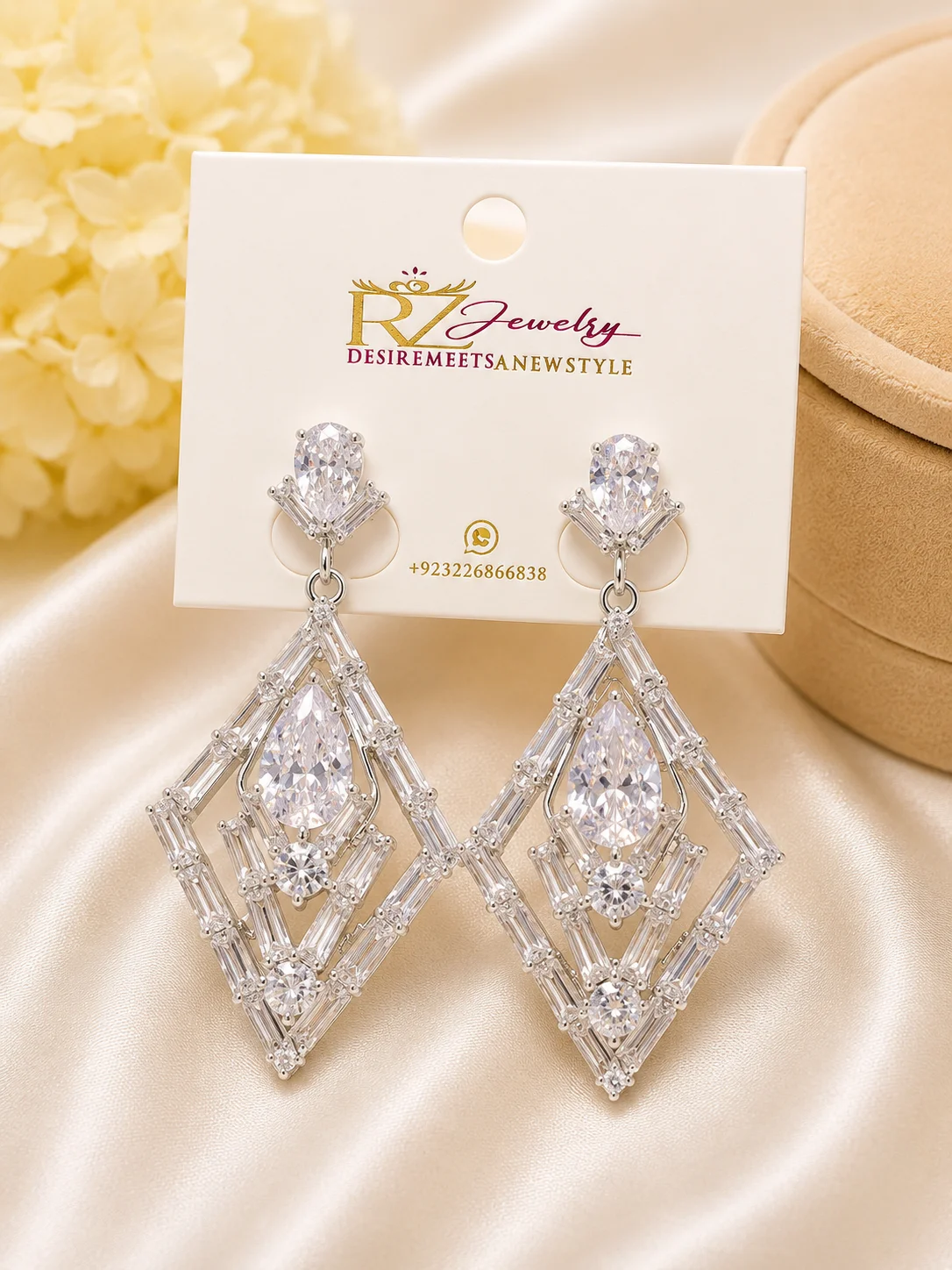 Silver Crystal Geometric Drop Earrings for Women