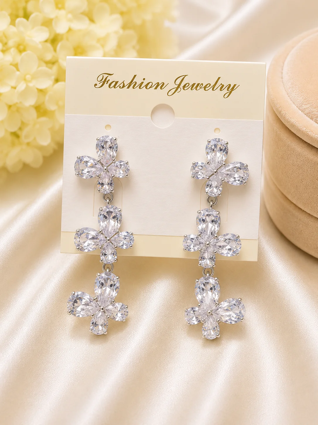 Luxury Silver Floral Crystal Drop Earrings for Women