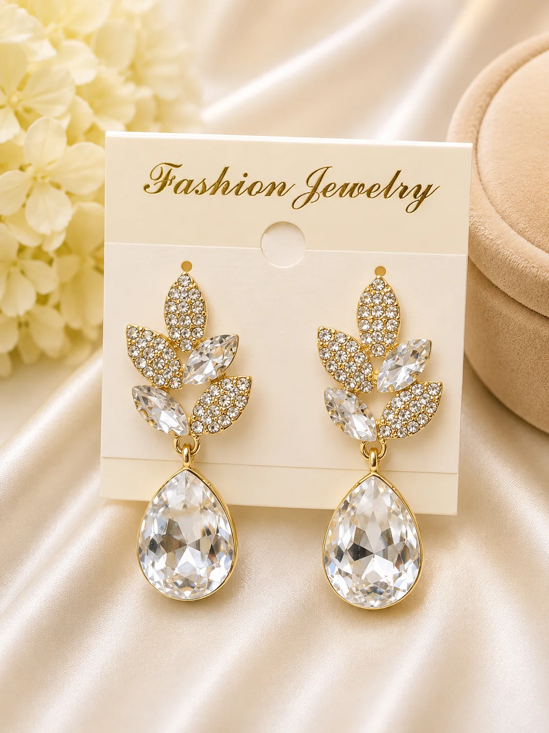 Gold Leaf Crystal Drop Earrings for Women