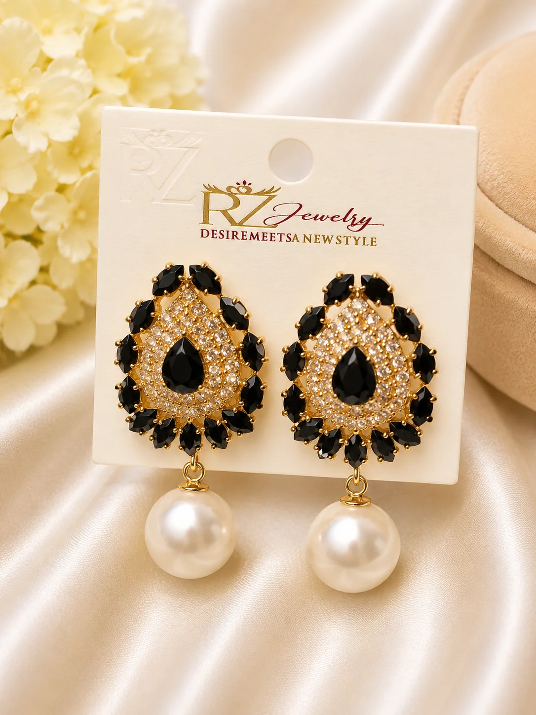 Black Crystal Pearl Drop Earrings for Women
