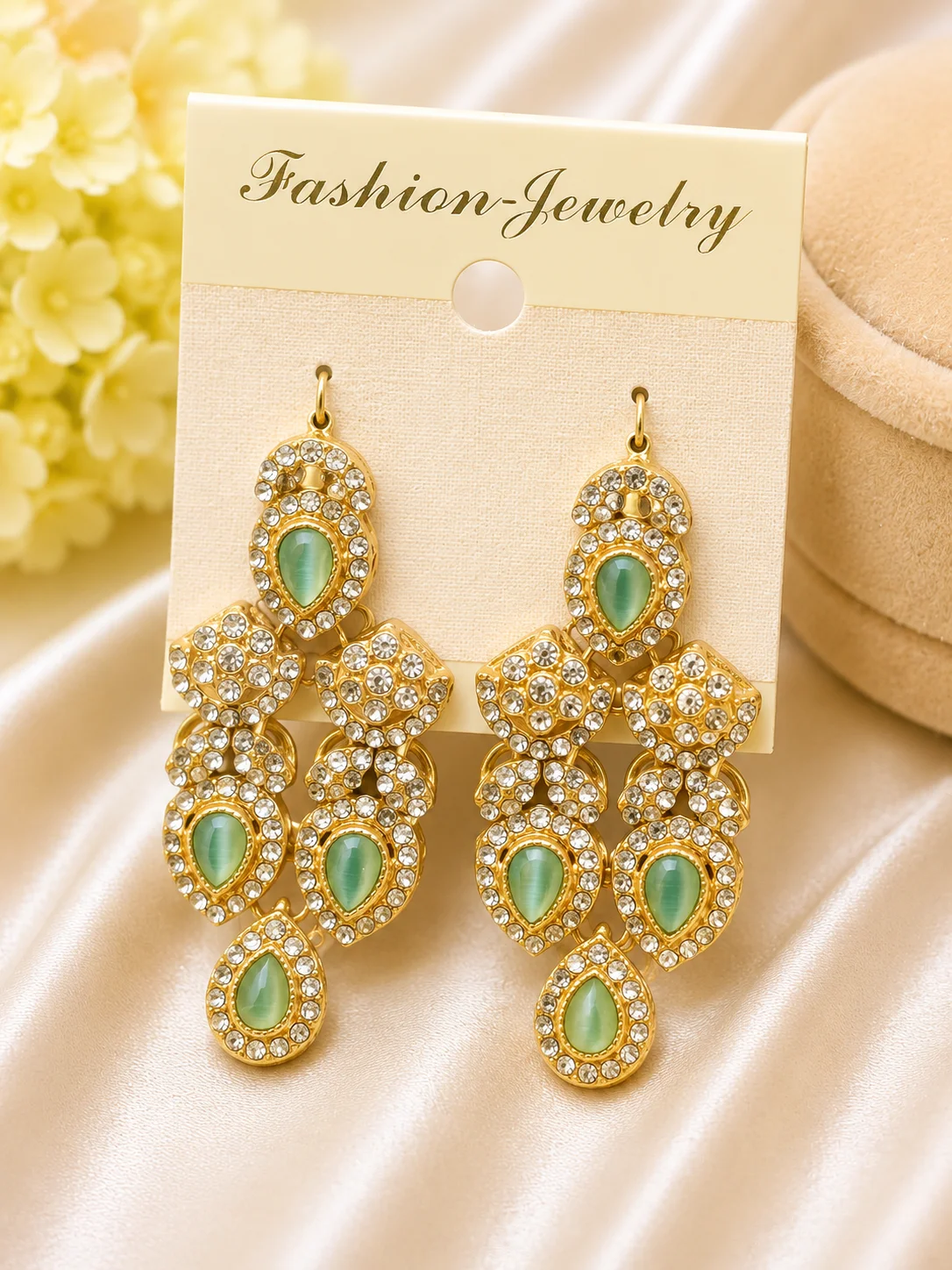 Green Stone Crystal Chandelier Earrings