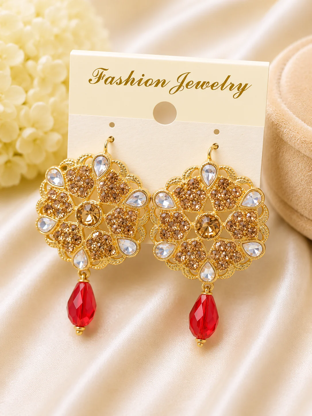 Gold Crystal Floral Drop Earrings with Red Bead