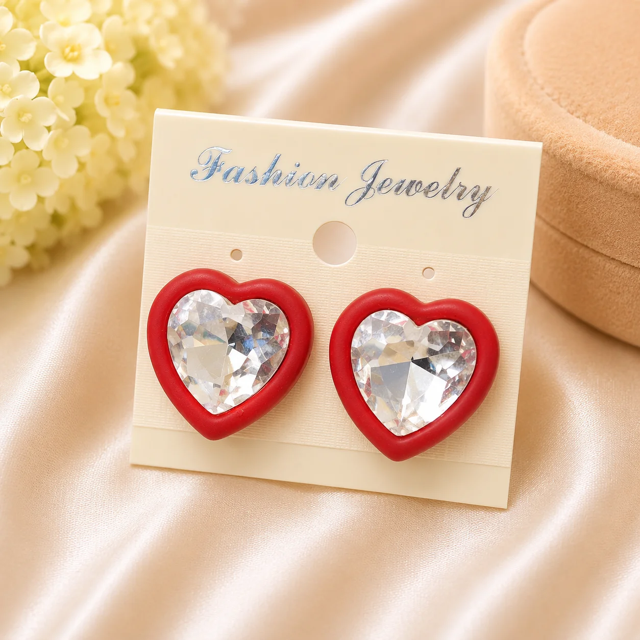 Heart & Crystal Stud Earrings Set – Red, Orange & Ivory