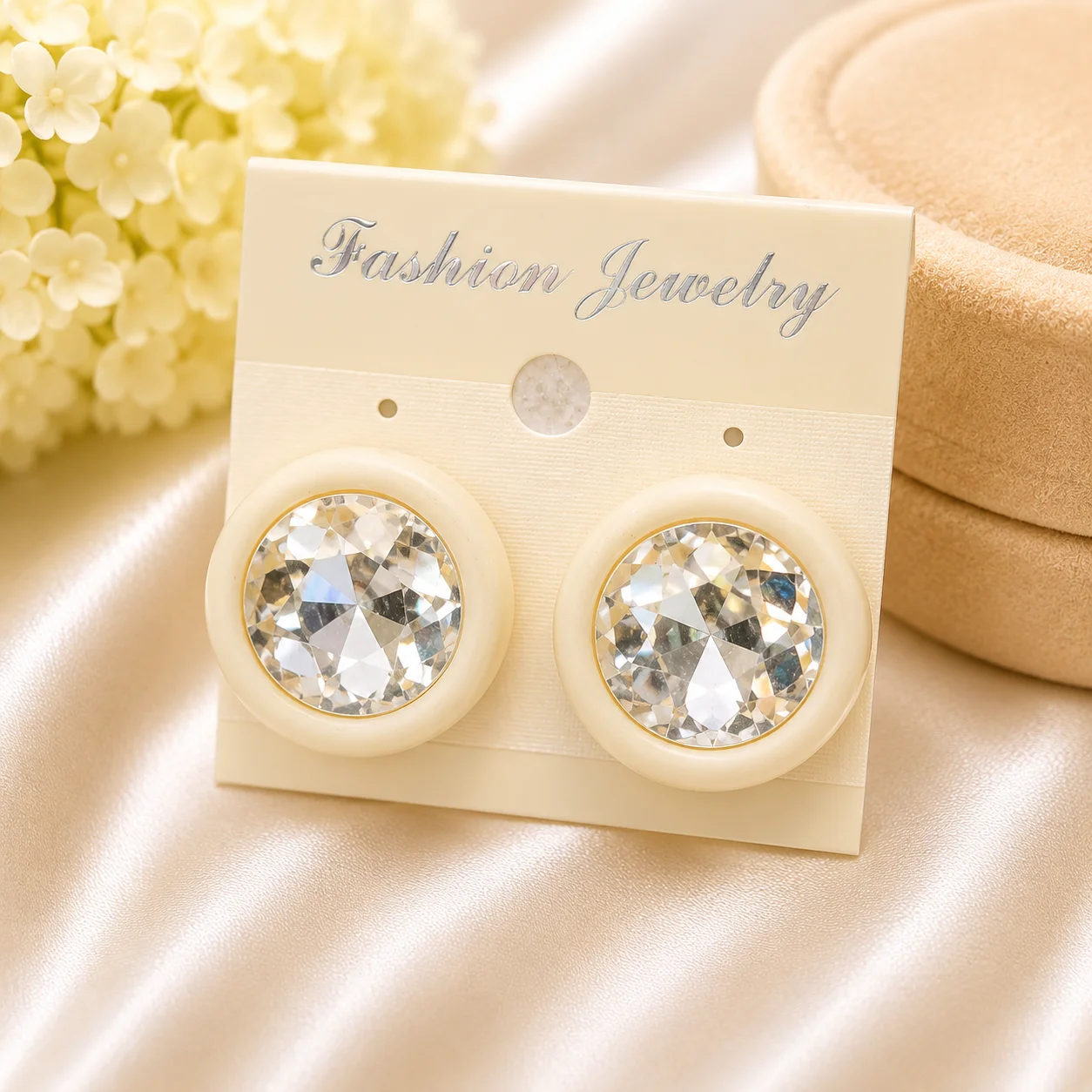 Heart & Crystal Stud Earrings Set – Red, Orange & Ivory
