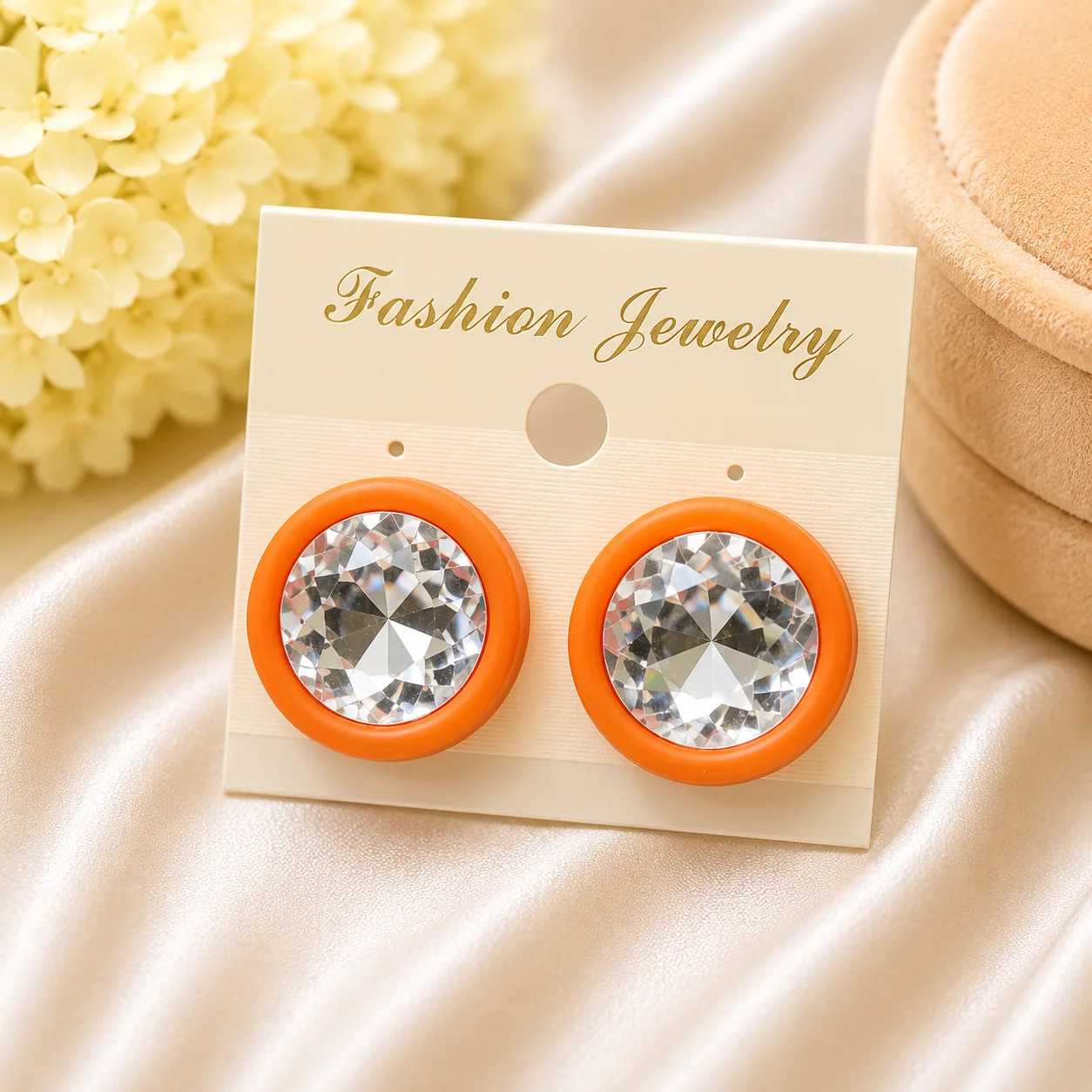 Heart & Crystal Stud Earrings Set – Red, Orange & Ivory
