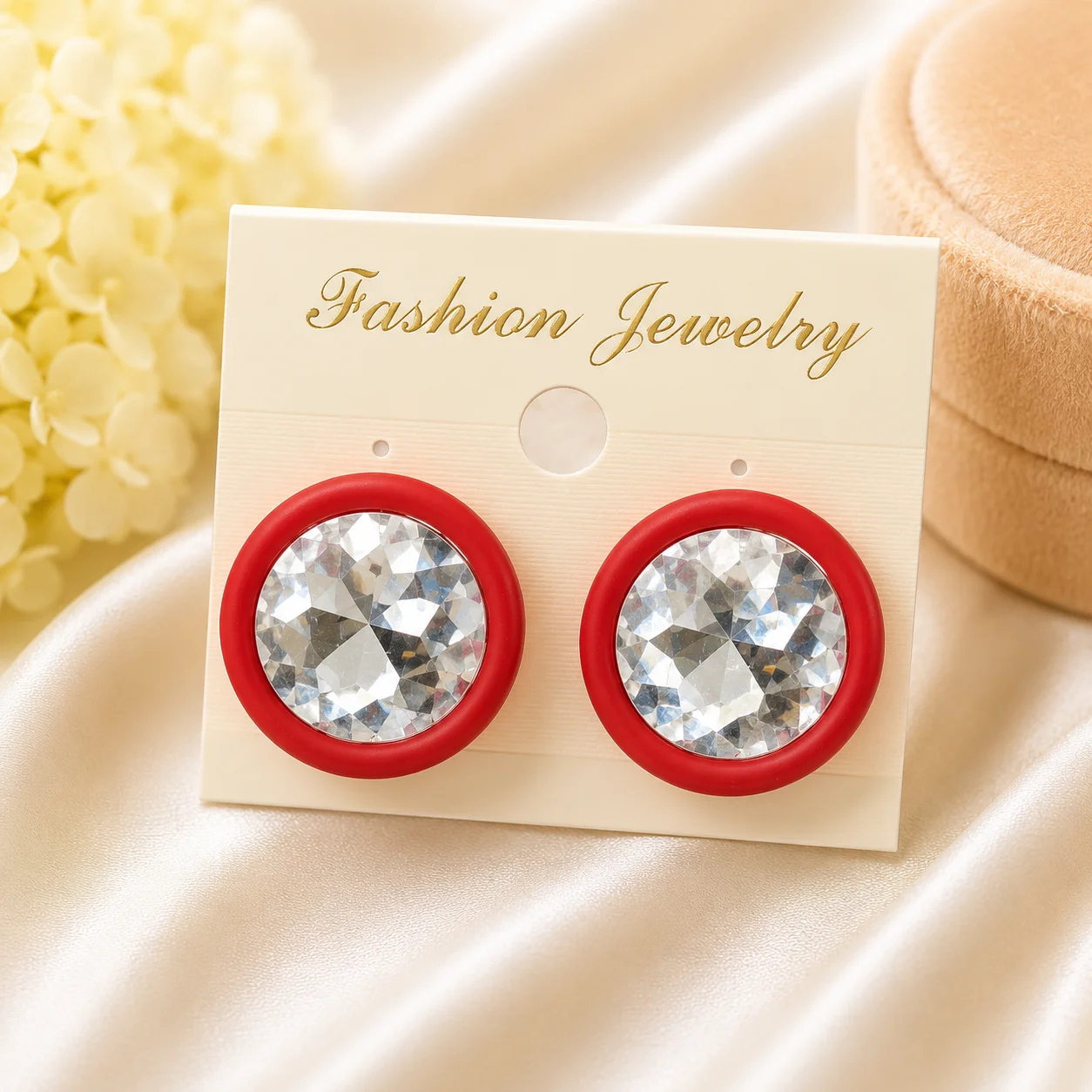 Heart & Crystal Stud Earrings Set – Red, Orange & Ivory