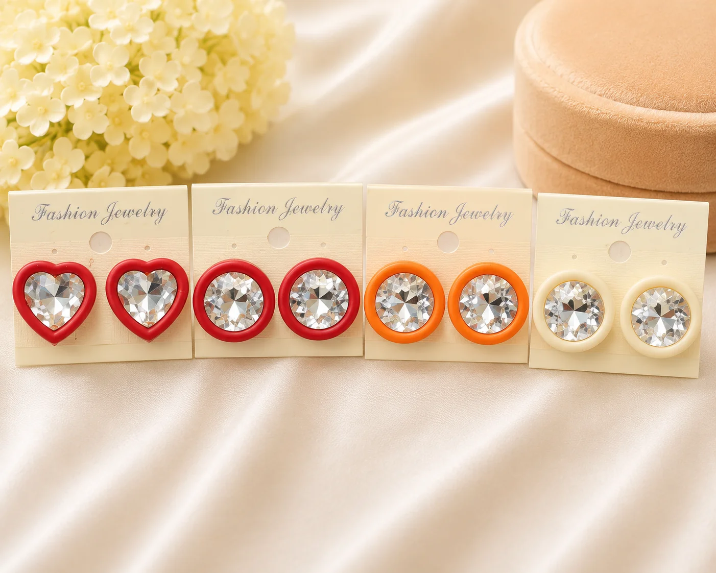 Heart & Crystal Stud Earrings Set – Red, Orange & Ivory