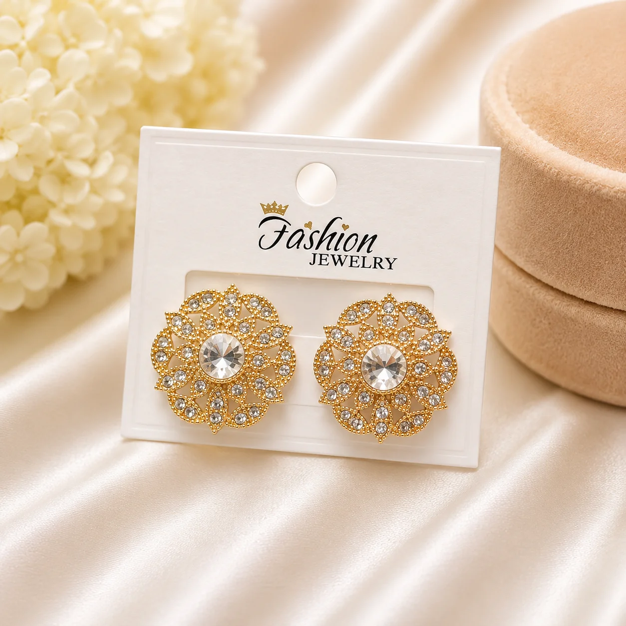 Luxury Gold Floral Crystal Stud Earrings for Women