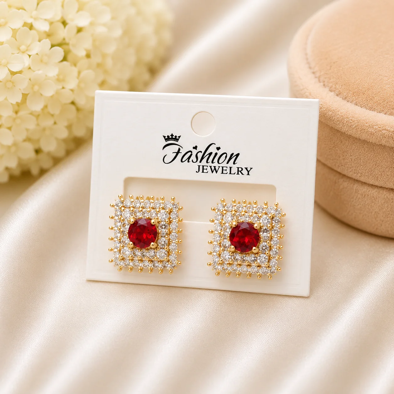 Ruby Crystal Square Stud Earrings for Women