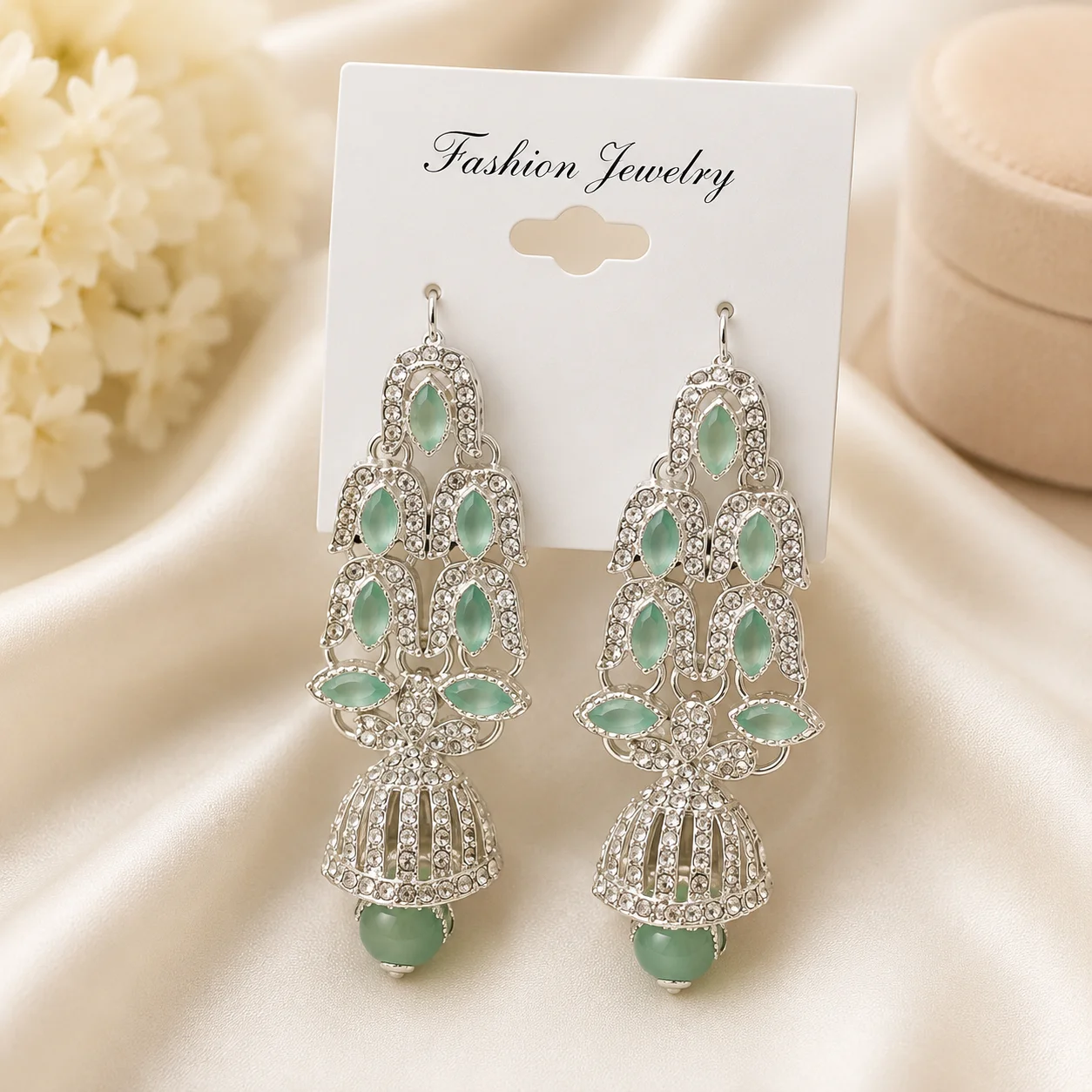 Luxury Silver-Tone Mint Green Stone Earrings