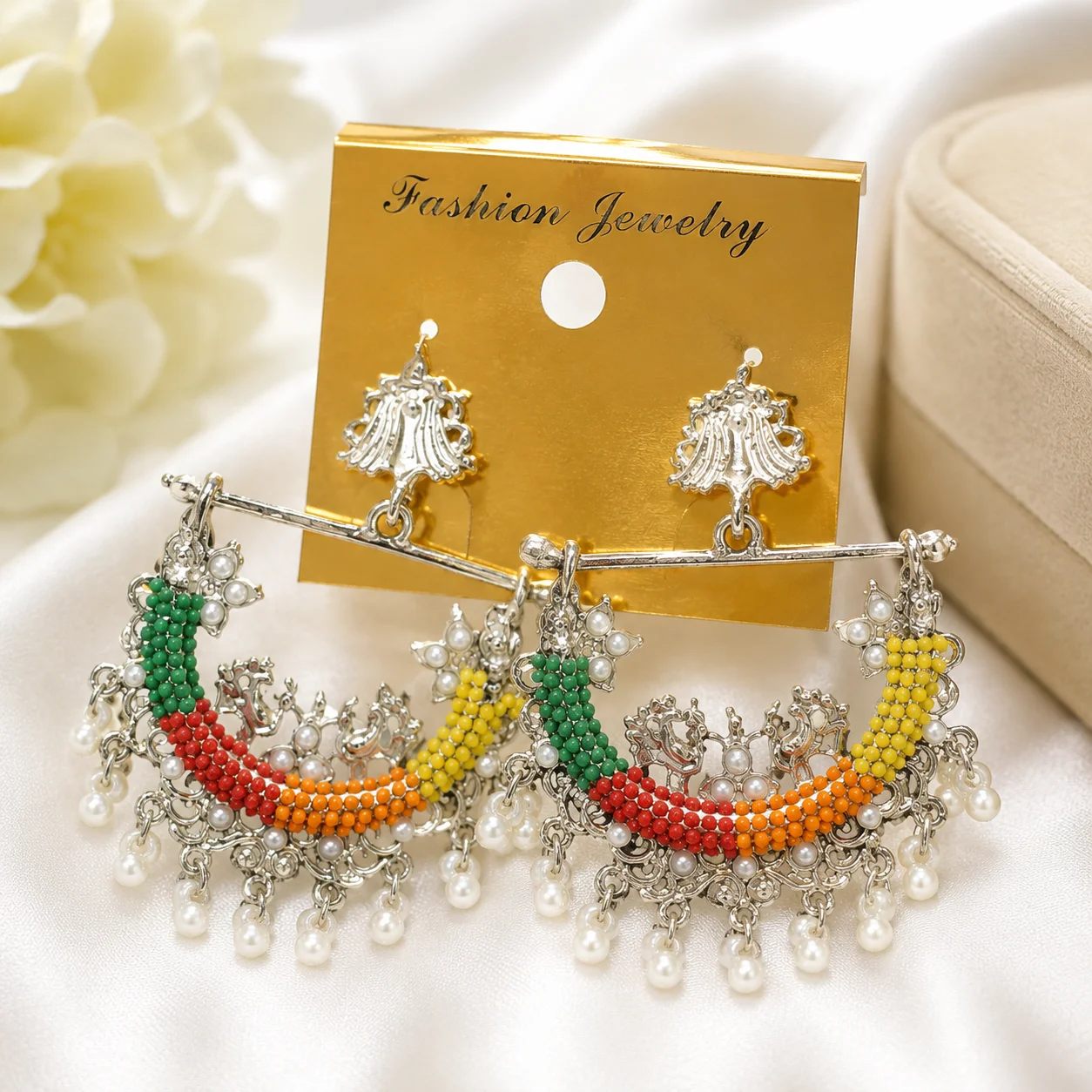 Traditional Pearl & Beaded Chandbali Earrings Set |