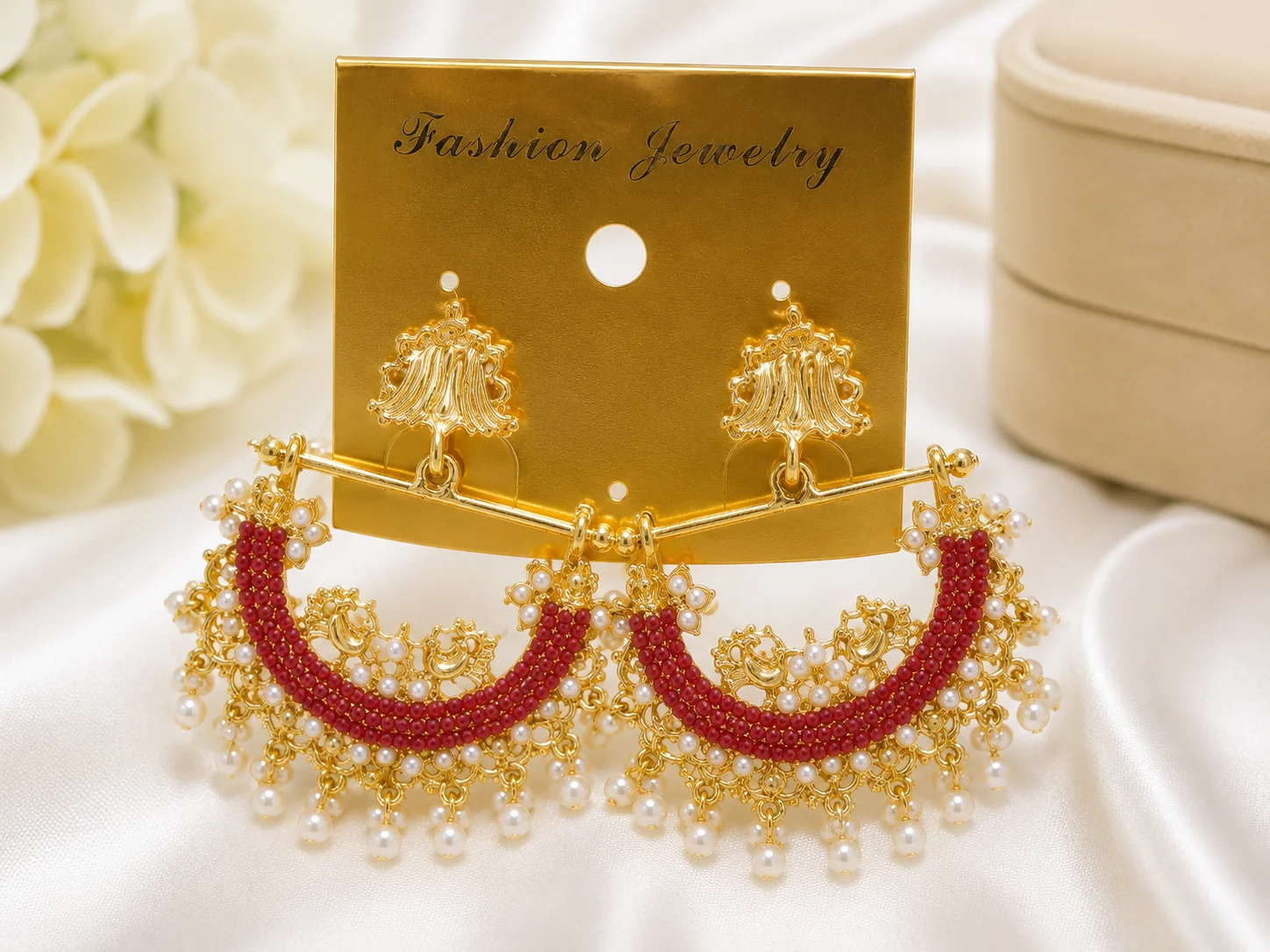 Traditional Pearl & Beaded Chandbali Earrings Set |