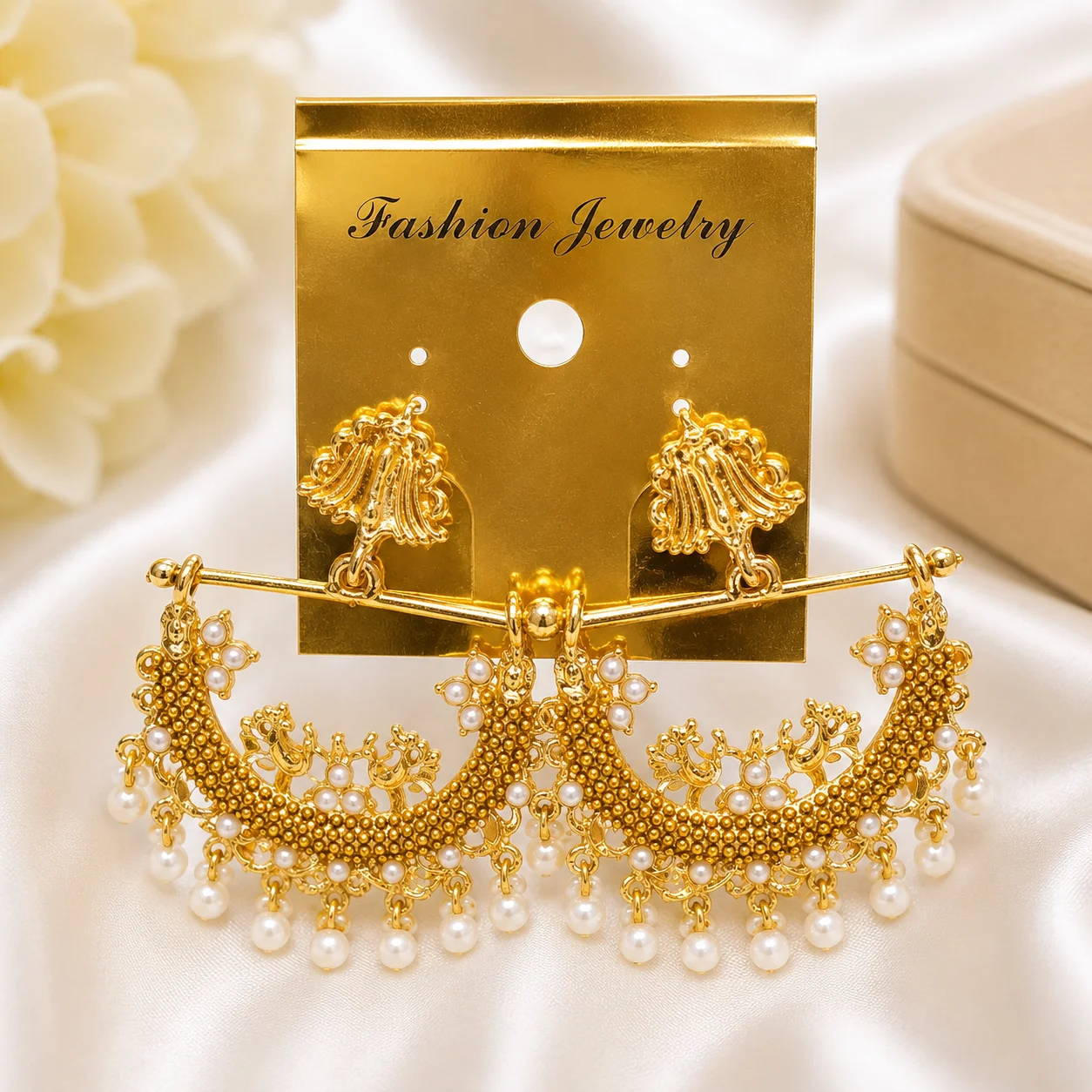 Traditional Pearl & Beaded Chandbali Earrings Set |