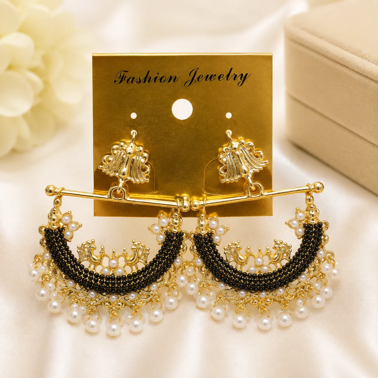 Traditional Pearl & Beaded Chandbali Earrings Set |