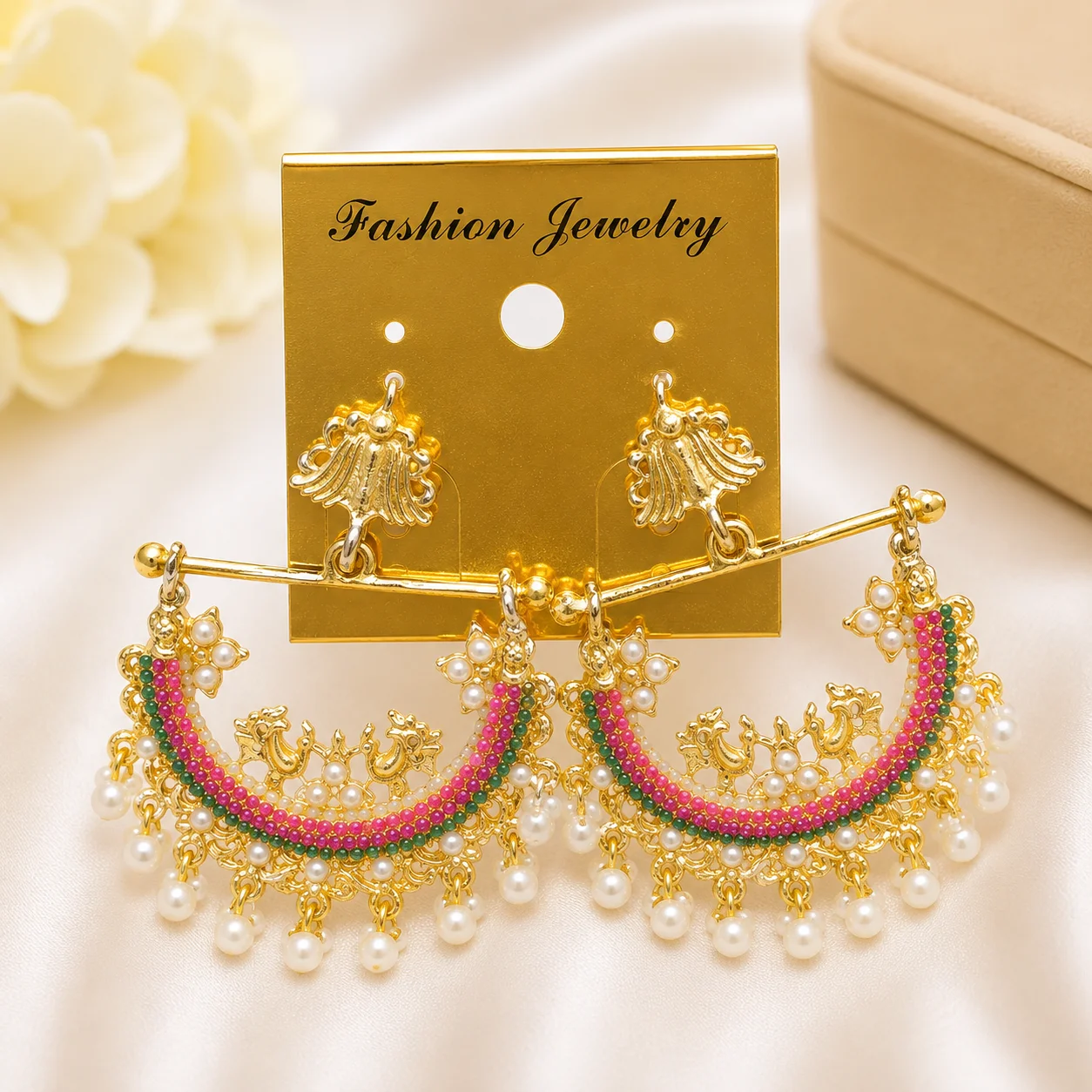 Traditional Pearl & Beaded Chandbali Earrings Set |