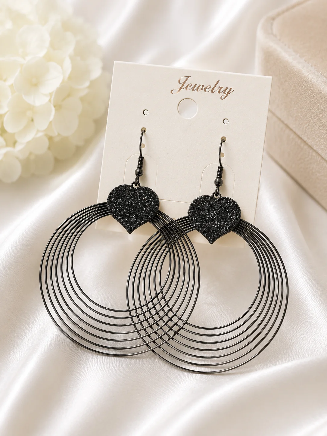 Black Glitter Heart Multi-Layer Hoop Earrings