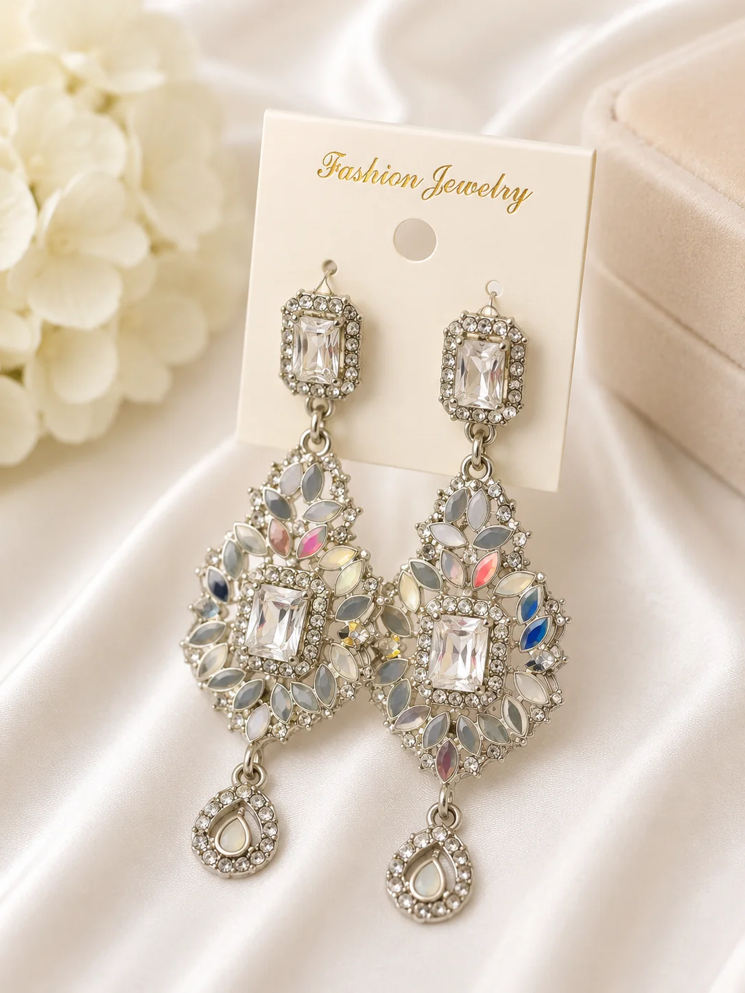 Silver Mirror Crystal Chandelier Earrings