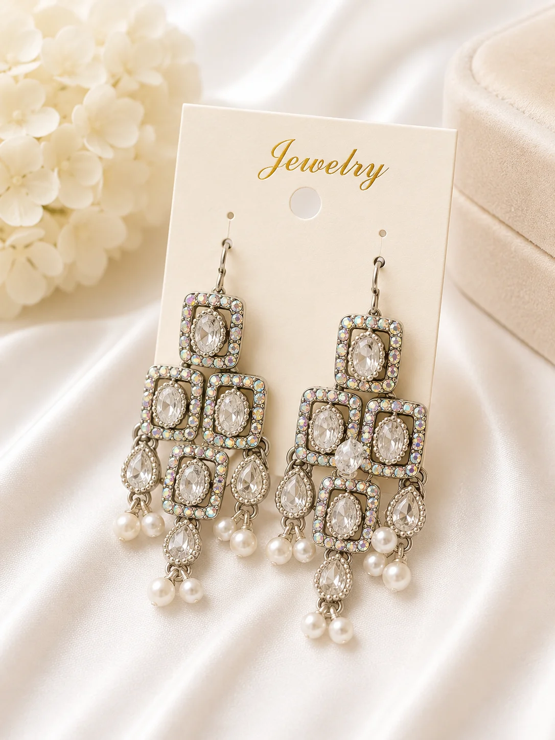 Silver Crystal & Pearl Chandelier Earrings