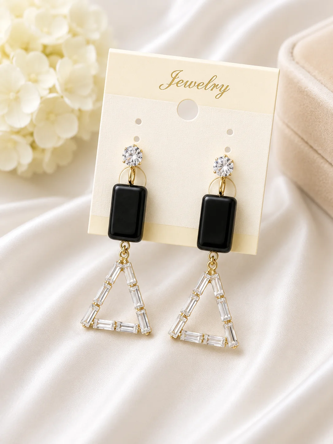 Black Onyx & Crystal Triangle Drop Earrings