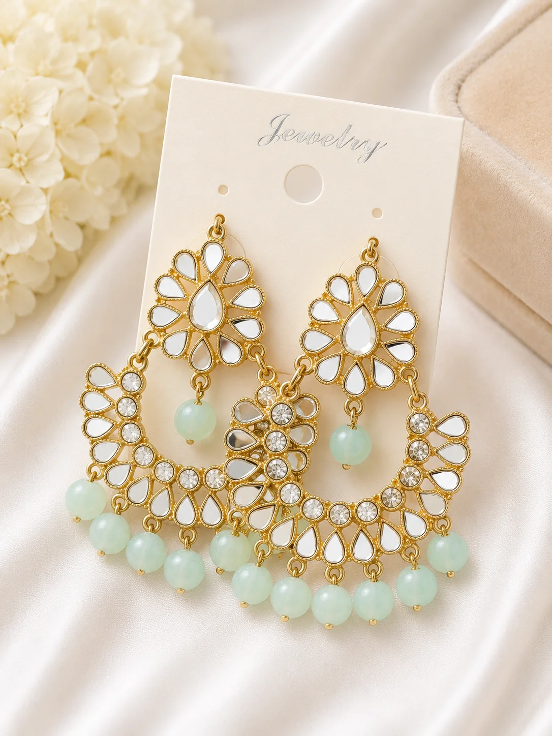 Mint Green Mirror Stone Chandbali Earrings