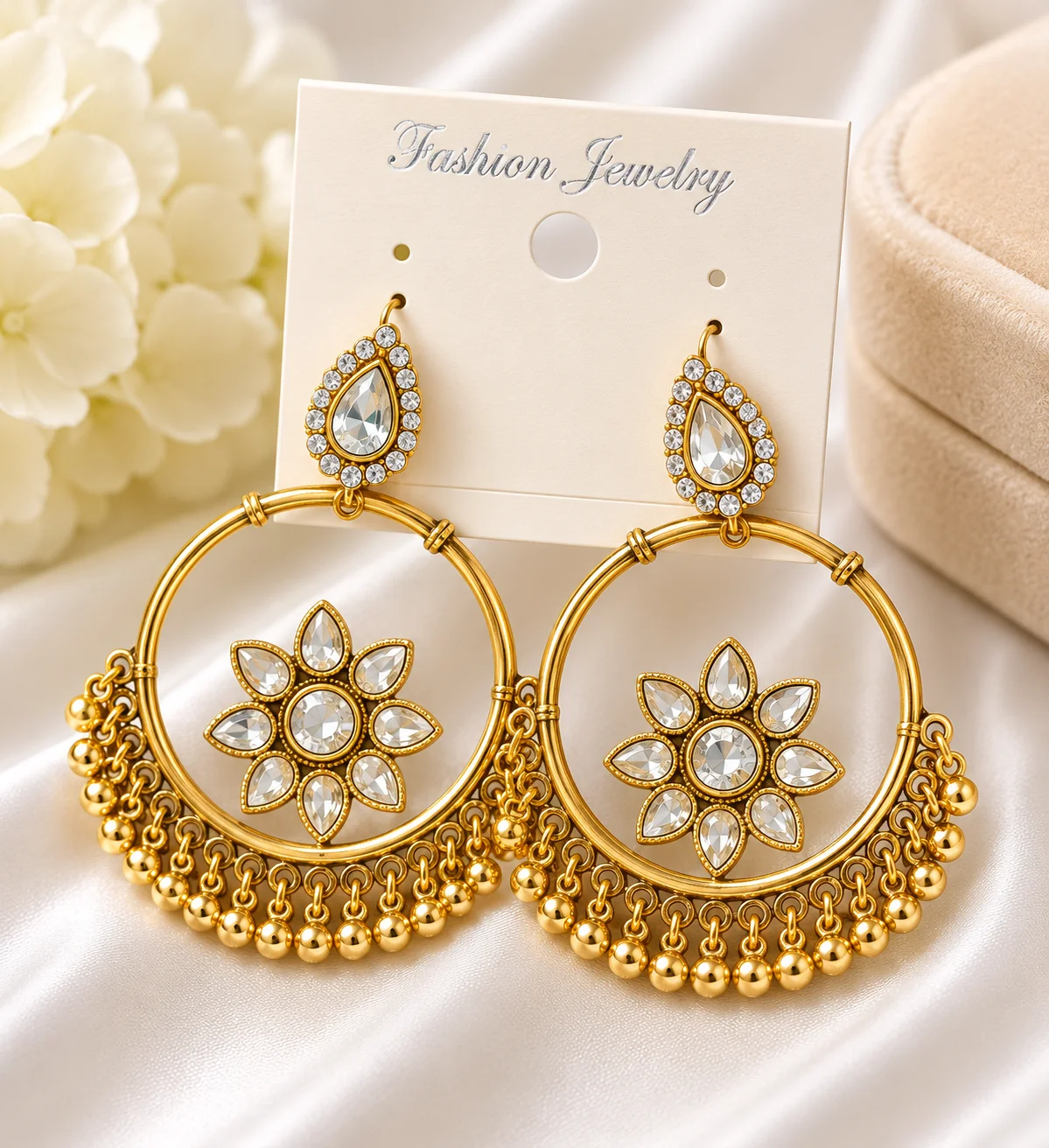 Golden Kundan Floral Hoop Earrings