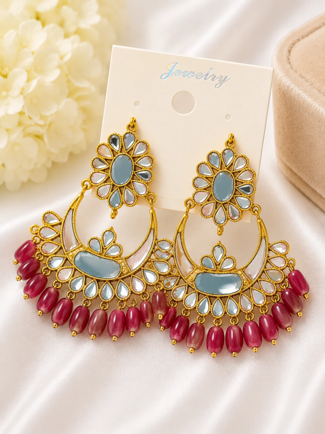 Ruby Pink Mirror Chandbali Earrings
